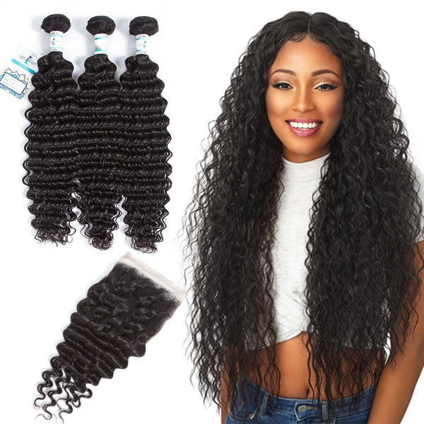 Lakihair 8A Indian Human Hair Deep Wave 3 Bundles With 4x4 Lace Closure