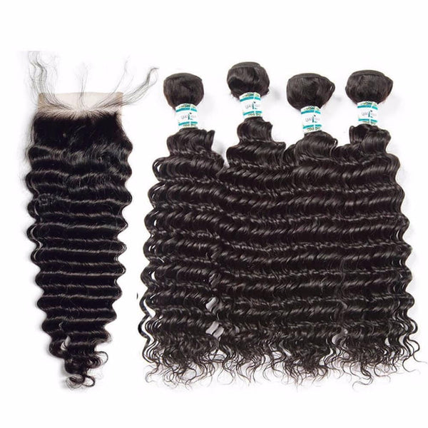 Lakihair 8A Virgin Human Malaysian Hair Deep Wave 4 Bundles With Lace Closure 4x4