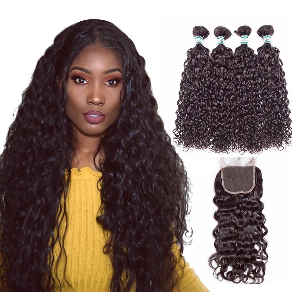 Lakihair 8a Virgin Human Hair Water Wave 4 Bundles With Lace Closure 4x4 Lakihair 