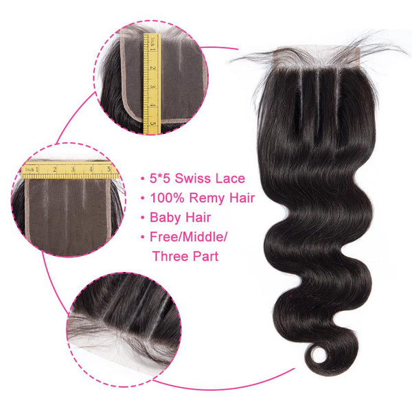 Lakihair  8A Brazilian Virgin Hair 3 Bundles Body Wave Weave With Lace Closure 5*5