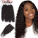 Lakihair 8A Virgin Human Malaysian Hair Deep Wave 4 Bundles With Lace Closure 4x4